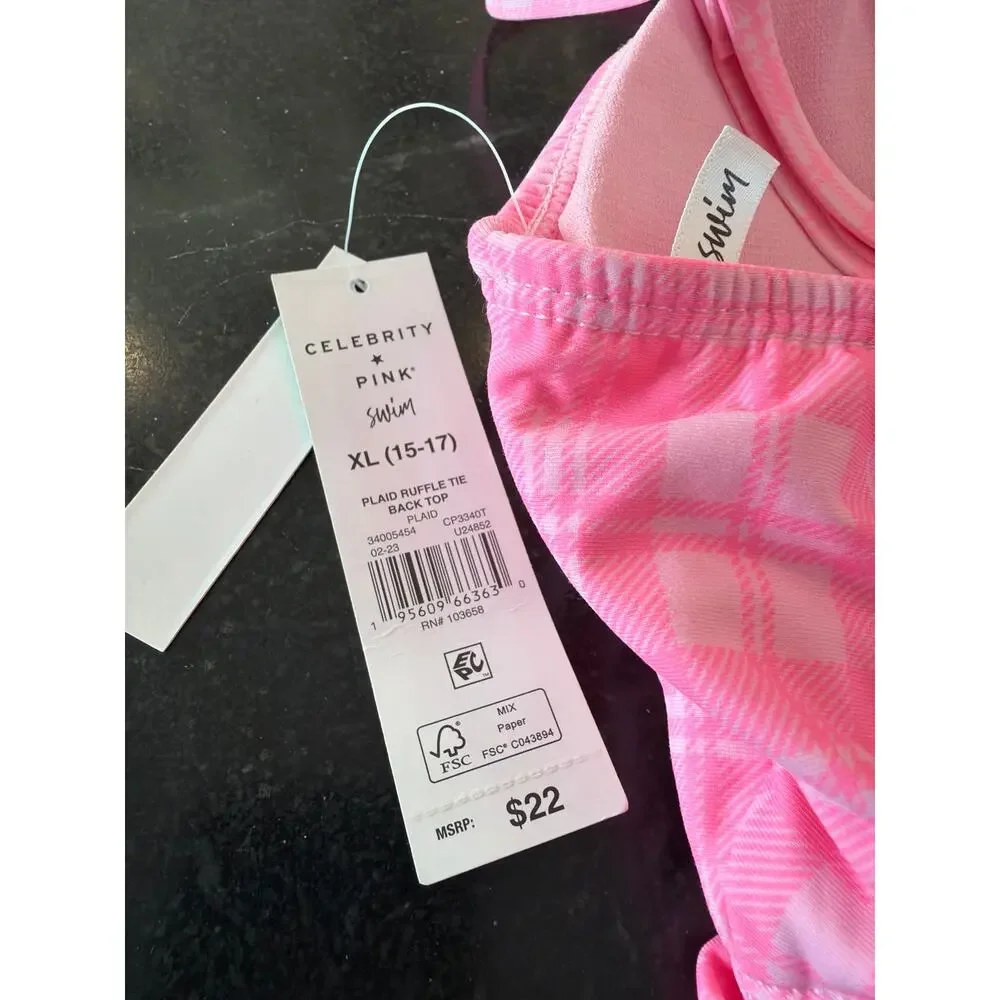 NWT Celebrity Pink Swim   Pink Gingham Adj bikini top XL 15/17